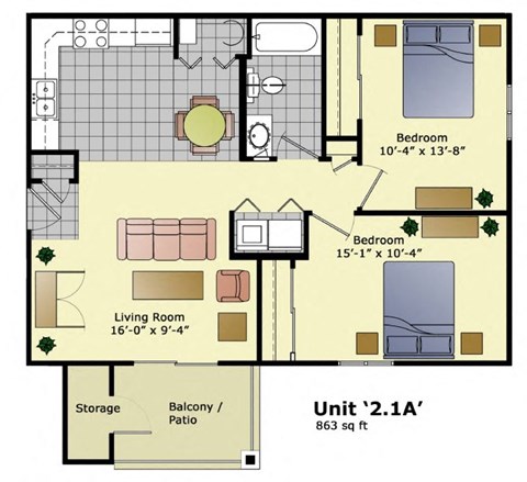 Floor plan for 2 beds, 1 bath, 863 sqft
